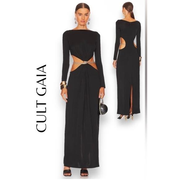 CULT GAIA Gold Chain Cut Out Grecia Gown Maxi Dress in Black - Picture 1 of 12